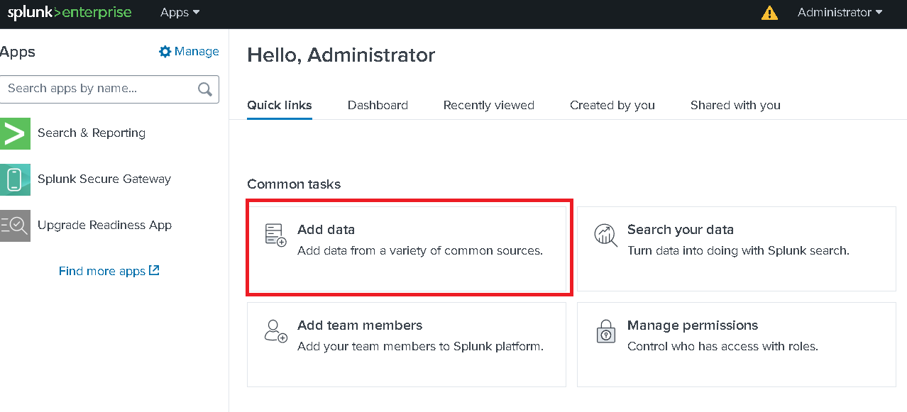 Splunk dashboard showing the Add Data option for integrating Razorsharp logs